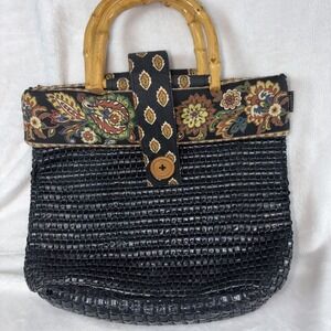 Vintage 90s Black Maggi‎ B Purse Woven Bamboo Handles Grannycore Cottagecore GUC